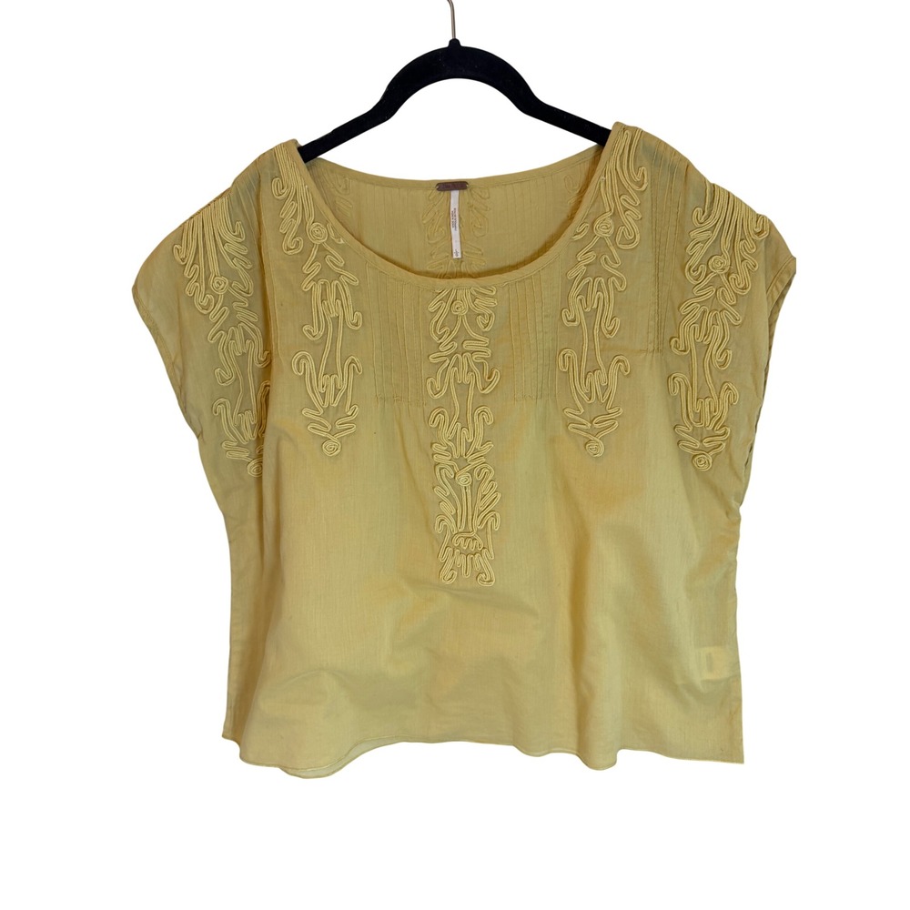 Free People Yellow Soutache Embroidered Pintuck Cotton Blouse Top Large Boho